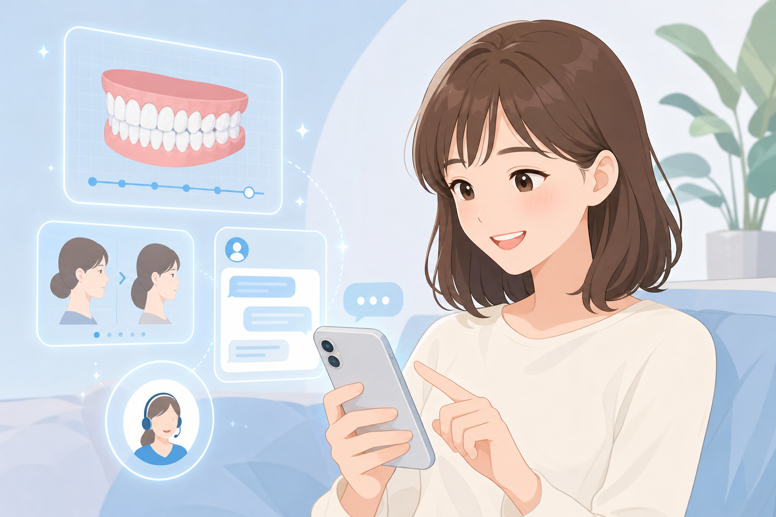 スマートフォンの画面を笑顔で眺めている若い女性のイラスト。スマホ画面には歯並びの3DシミュレーションやチャットサポートのUIが視覚的にわかりやすく浮かび上がっており、手元でいつでも進捗確認や相談ができ