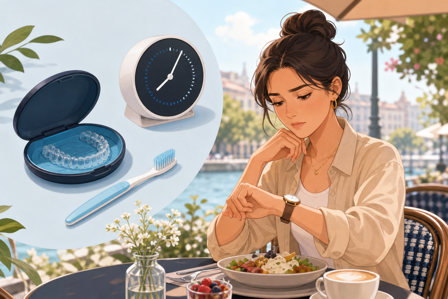 An illustrated comparison or lifestyle scenario showing the challenge of managing aligner wear time.
