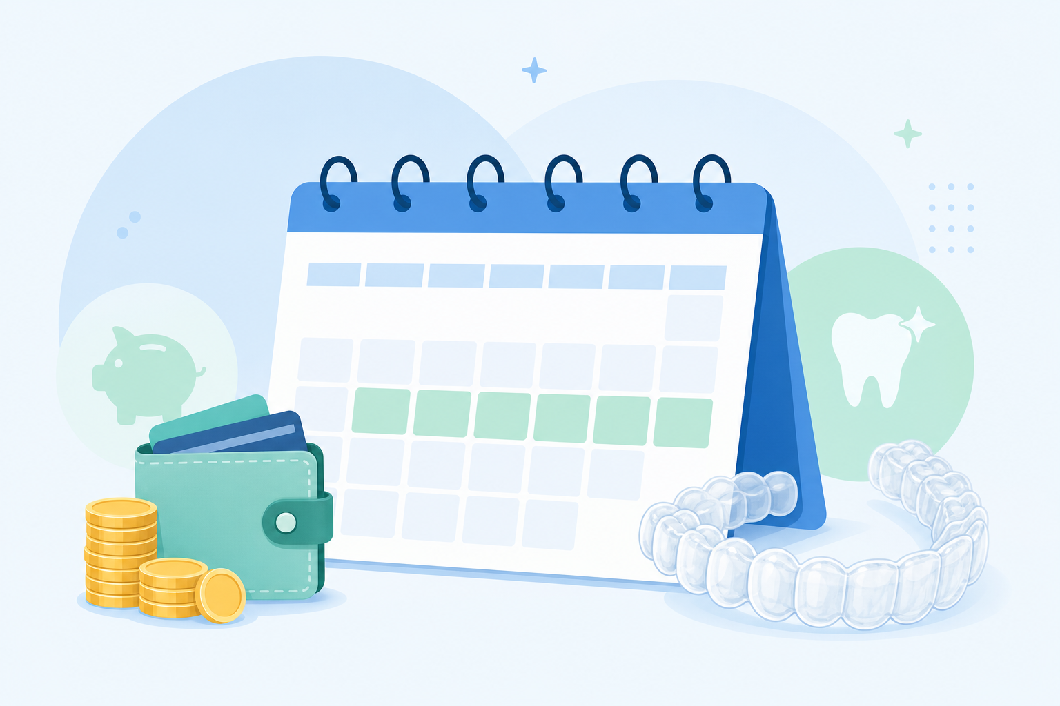 An infographic-style illustration conceptualizing low-cost and fast dental treatment. Depicting a ca