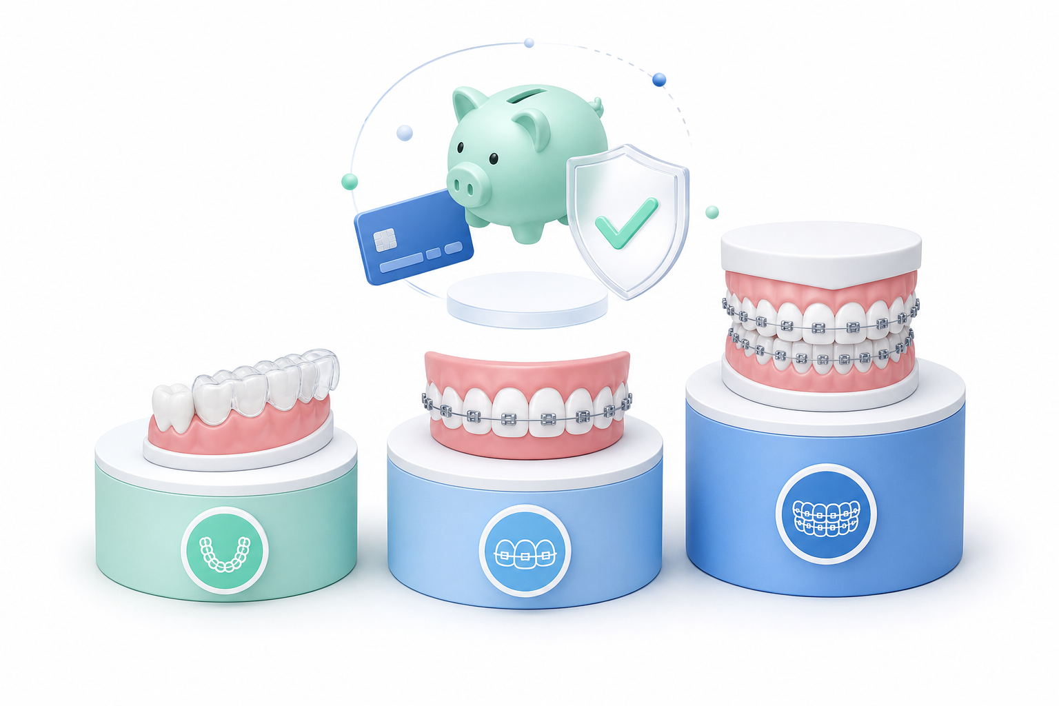 An isometric 3D infographic illustration representing transparent dental pricing. Three distinct pod