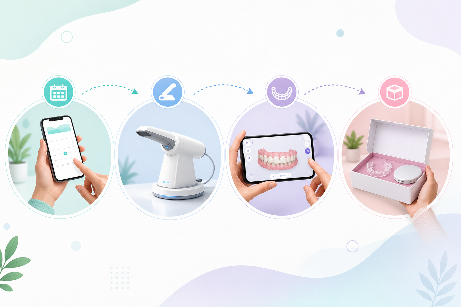 A stylish step-by-step flowchart infographic illustrating the 4-step process of remote aligner thera
