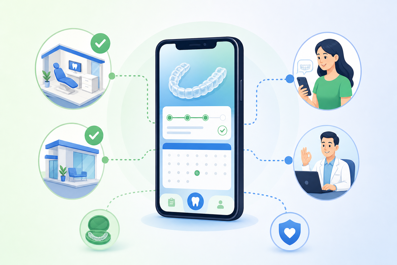 An isometric or flat modern vector infographic showing the concept of remote orthodontic care. A sty