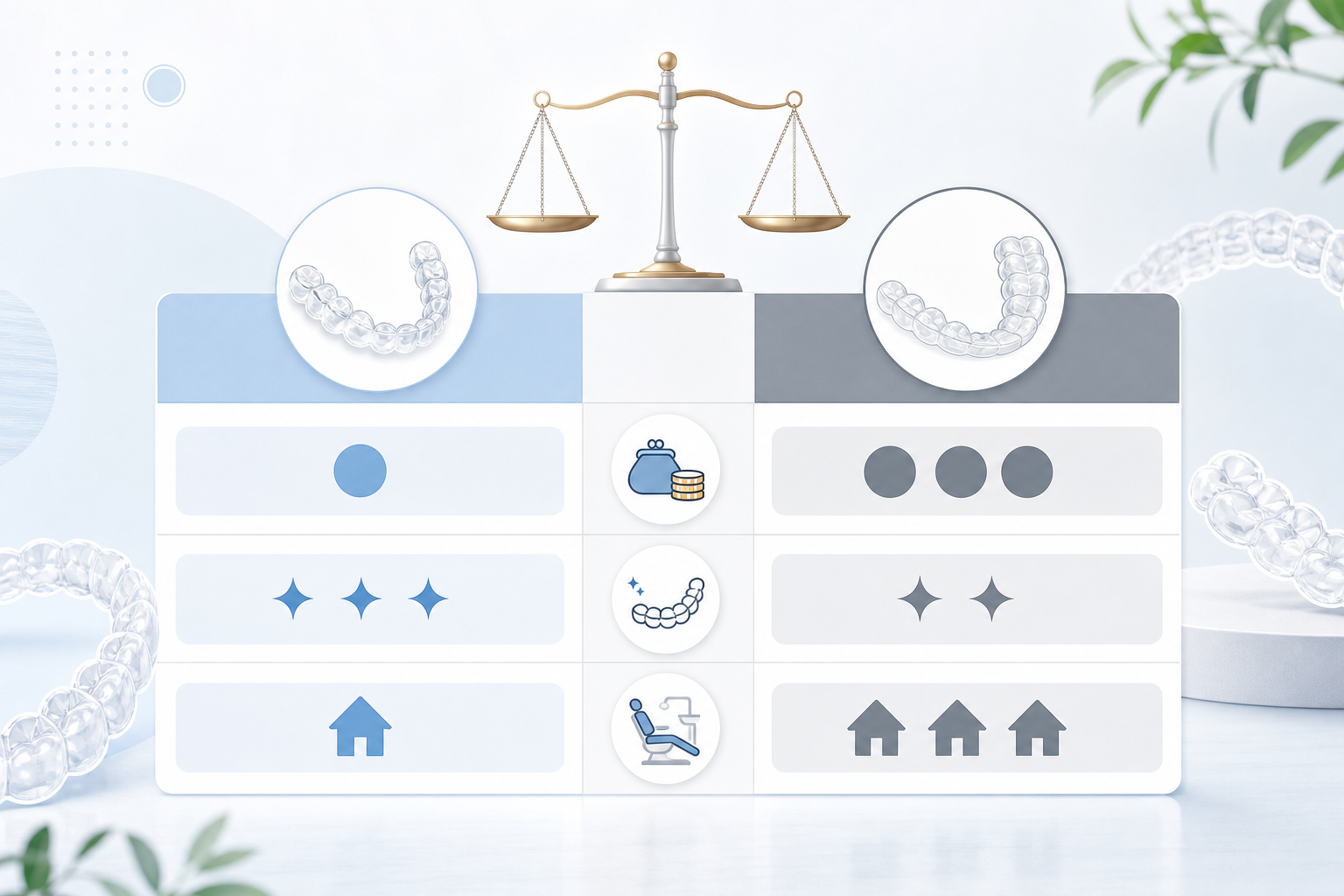A clean, modern comparison chart graphic concept for clear aligner orthodontic treatments. Stylized 