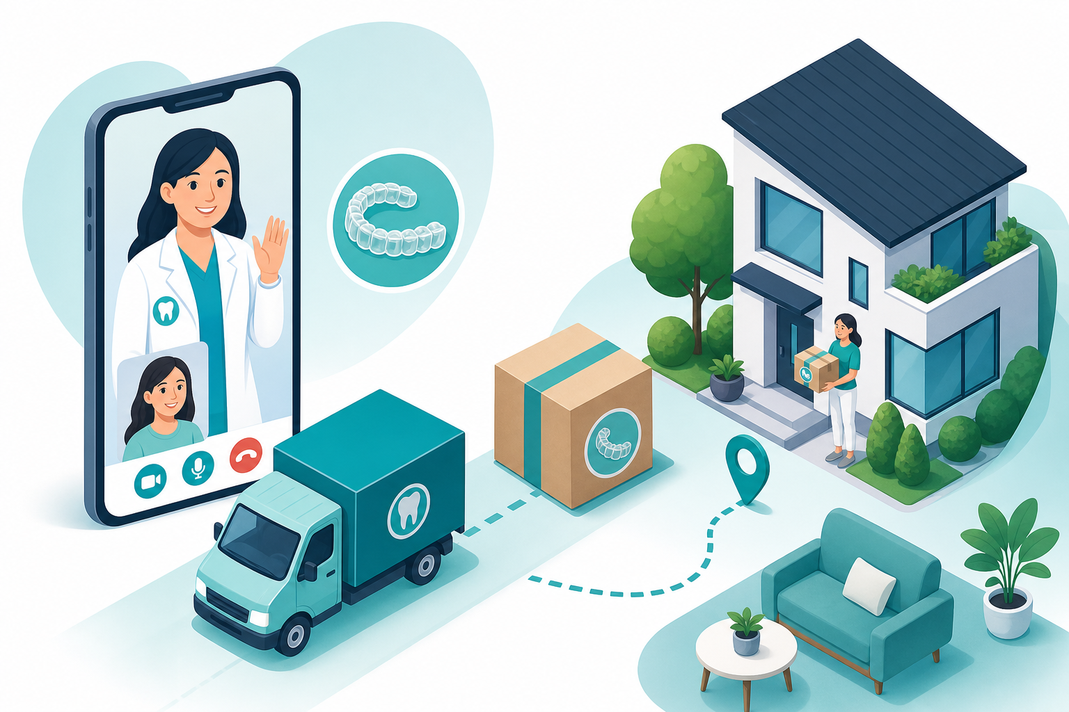 An isometric or flat-vector style illustration showing a modern tele-orthodontics concept. A logisti