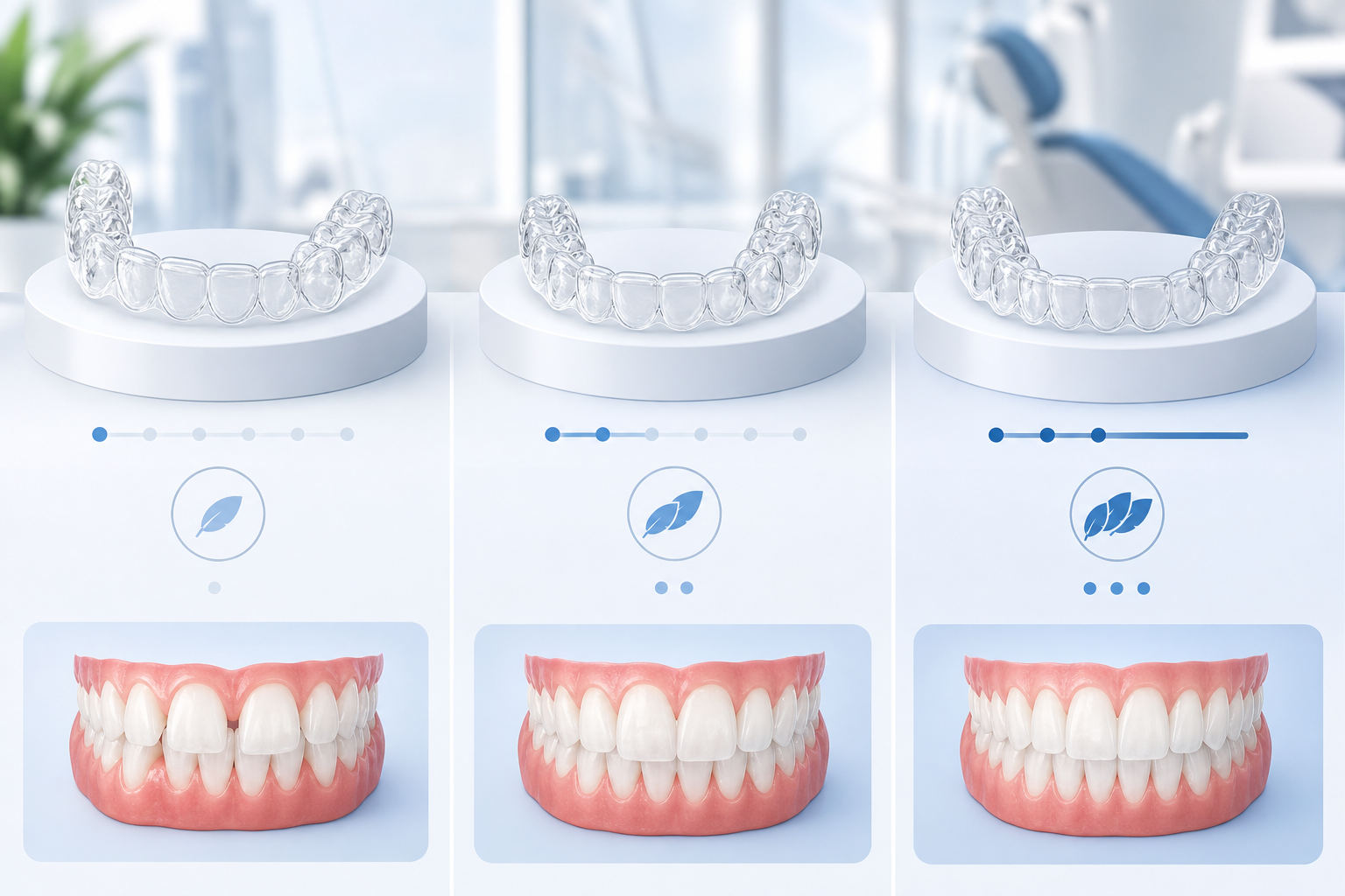 A modern, clear comparison chart infographic showing three progressive transparent dental aligner st
