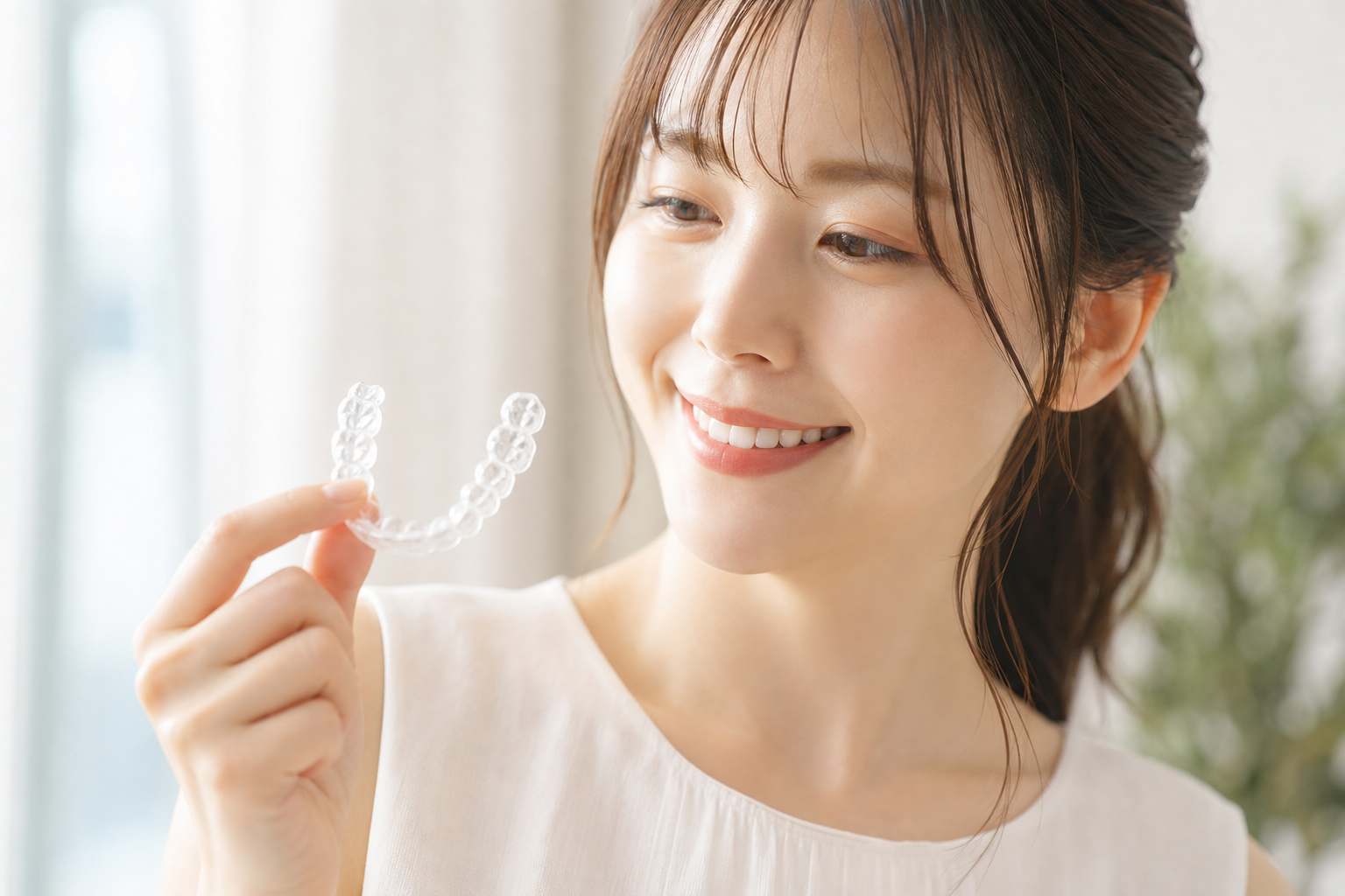 透明なマウスピース型矯正装置（アライナー）を手に持ち、興味深そうに見つめながら微笑む20代後半の日本人女性。清潔感のある明るい室内で、歯列矯正の目立ちにくさや手軽さを実感しているポジティブな雰囲気の写