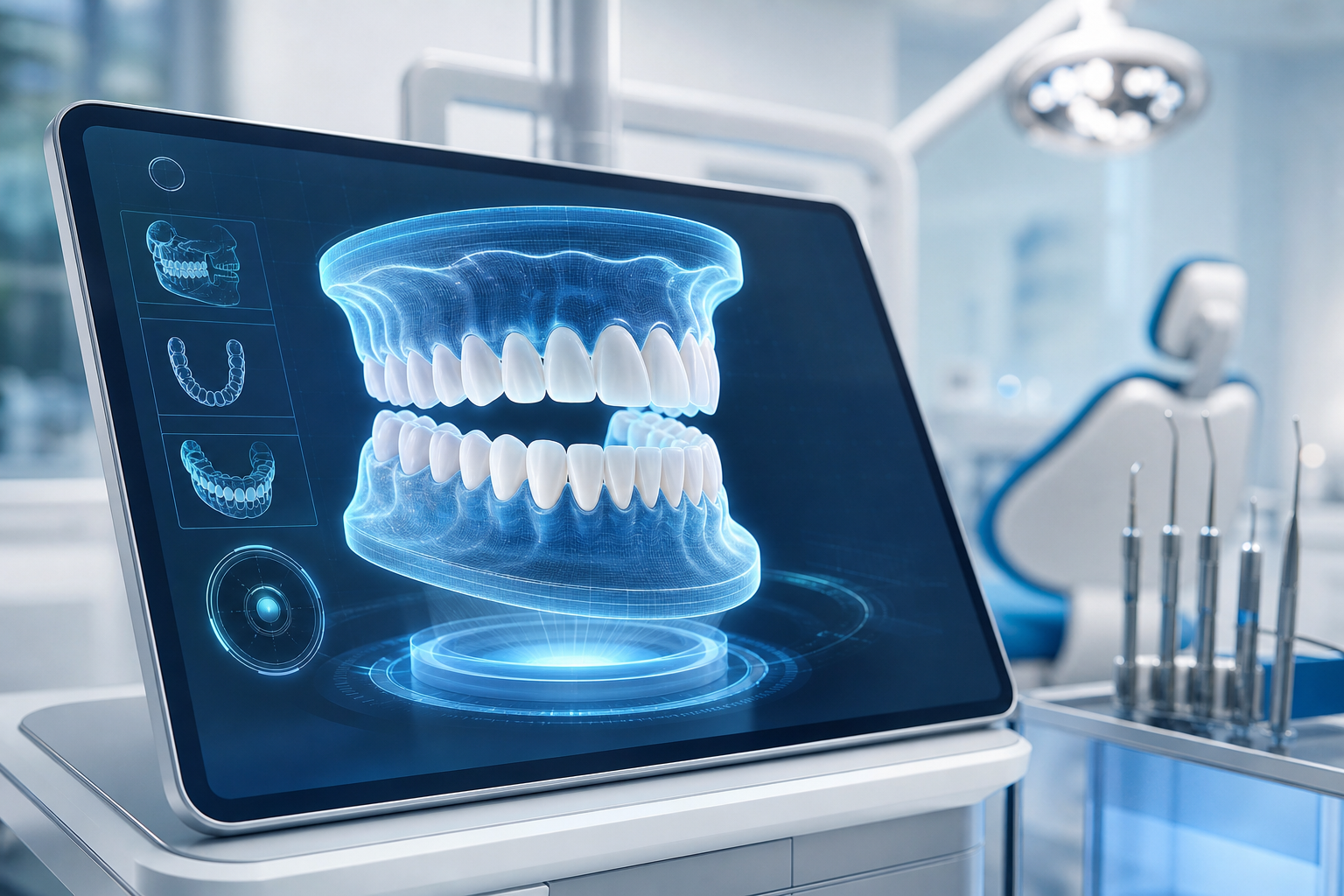 An infographic-style 3D dental simulation concept. A modern digital screen or tablet displaying a gl