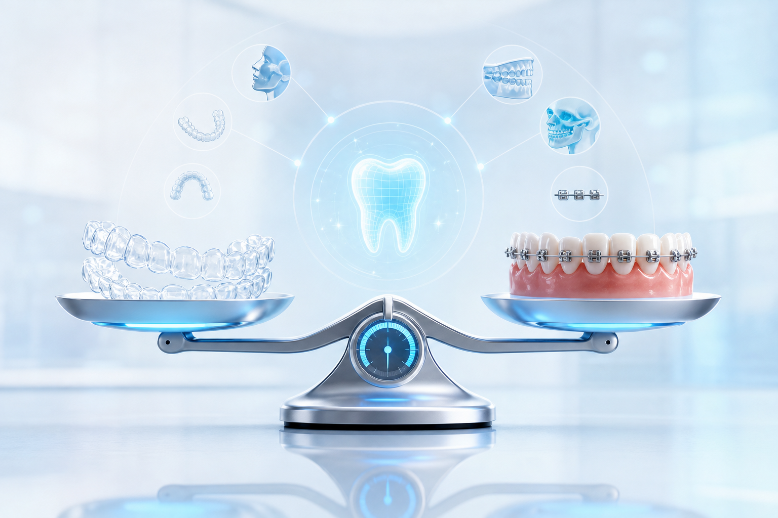 A conceptual comparison illustration of different orthodontic treatment options. Clean graphic style